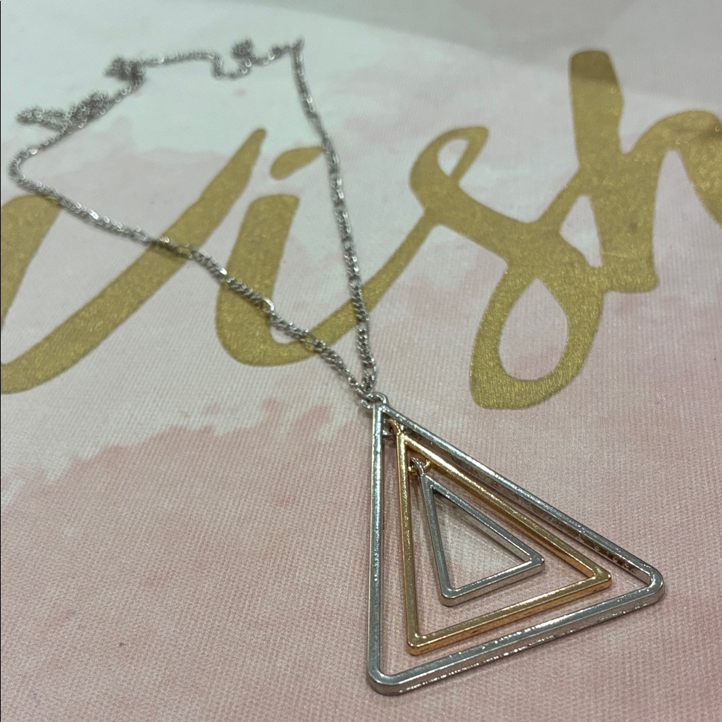 Elegant Silver And Gold Tone Triple Tier Triangle Pendant Necklace